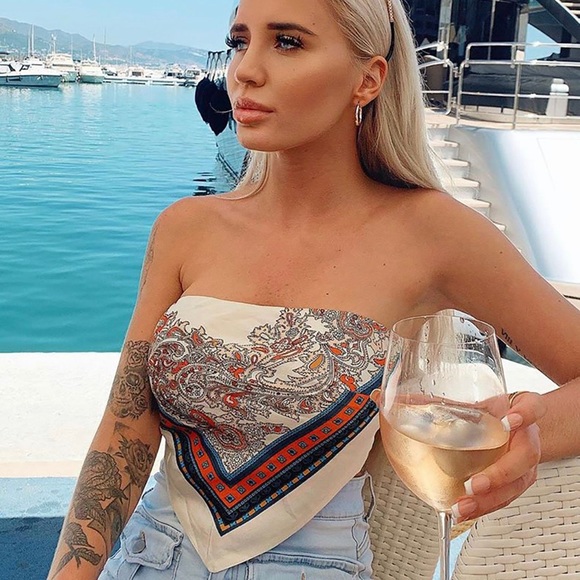 Fashion Nova Tops - Satin Floral Cream and Orange Tube Top Size Large